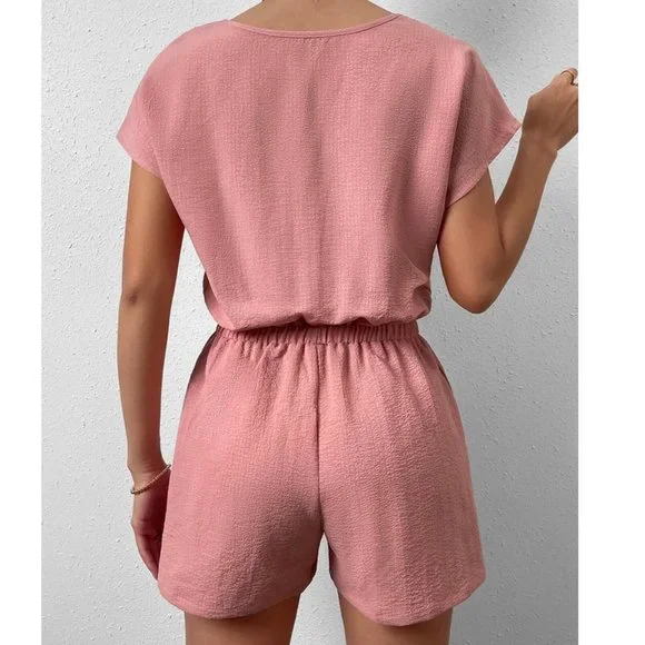 Coral Pink Boho Womens Button Front Batwing Sleeve Half Button Romper - Picture 6 of 7
